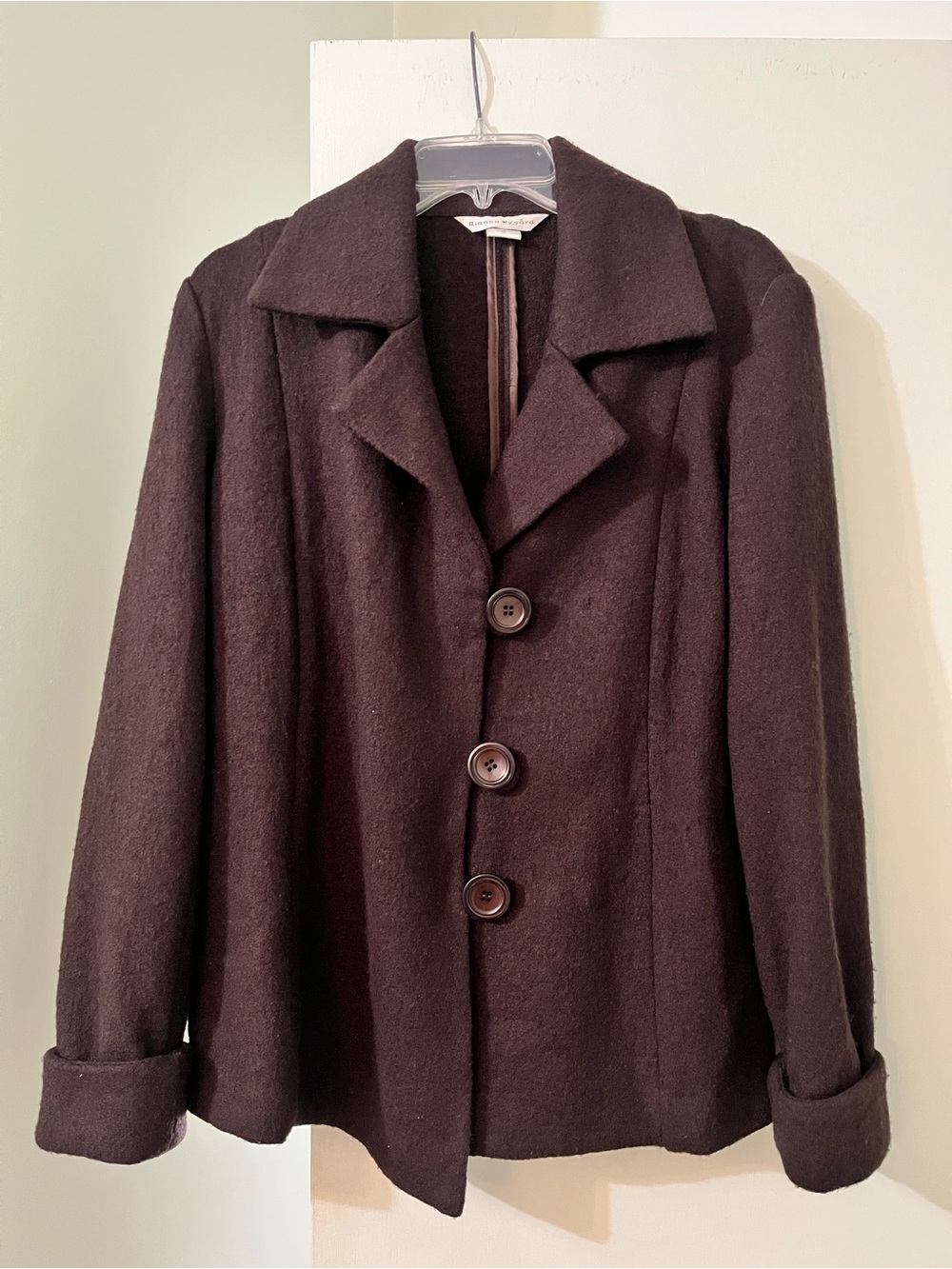 Bianca Nygard chocolate brown blazer wool rayon blend button up coat size 12